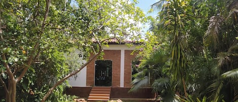 Una casa de ladrillo con puerta principal y un pequeño jardín delantero con césped y plantas.