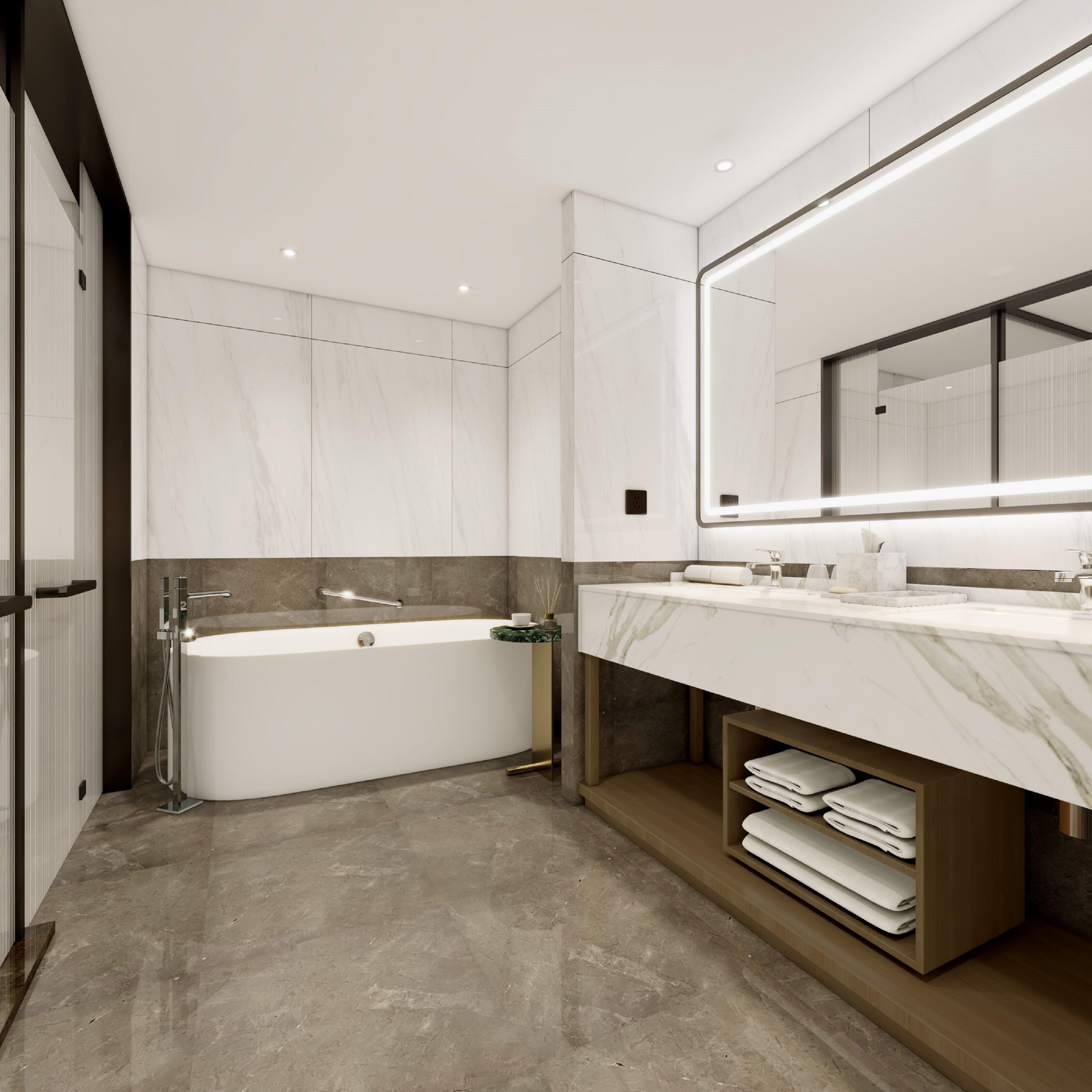A modern bathroom with a freestanding bathtub, a vanity with a large mirror, and a towel rack.