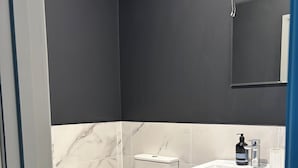 A modern bathroom with a toilet, sink, and mirror. - The Snug at the BH (Garrisker)