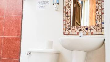 Een douche, handdoeken, zeep, toiletpapier