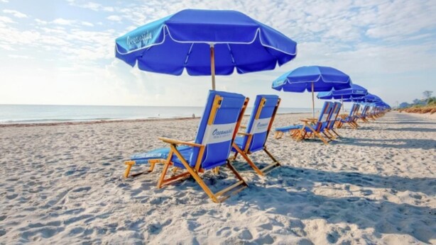 Uma praia com fileiras de cadeiras e guarda-sóis azuis.
