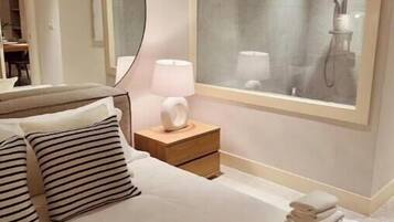 Hair dryer, towels, soap, shampoo