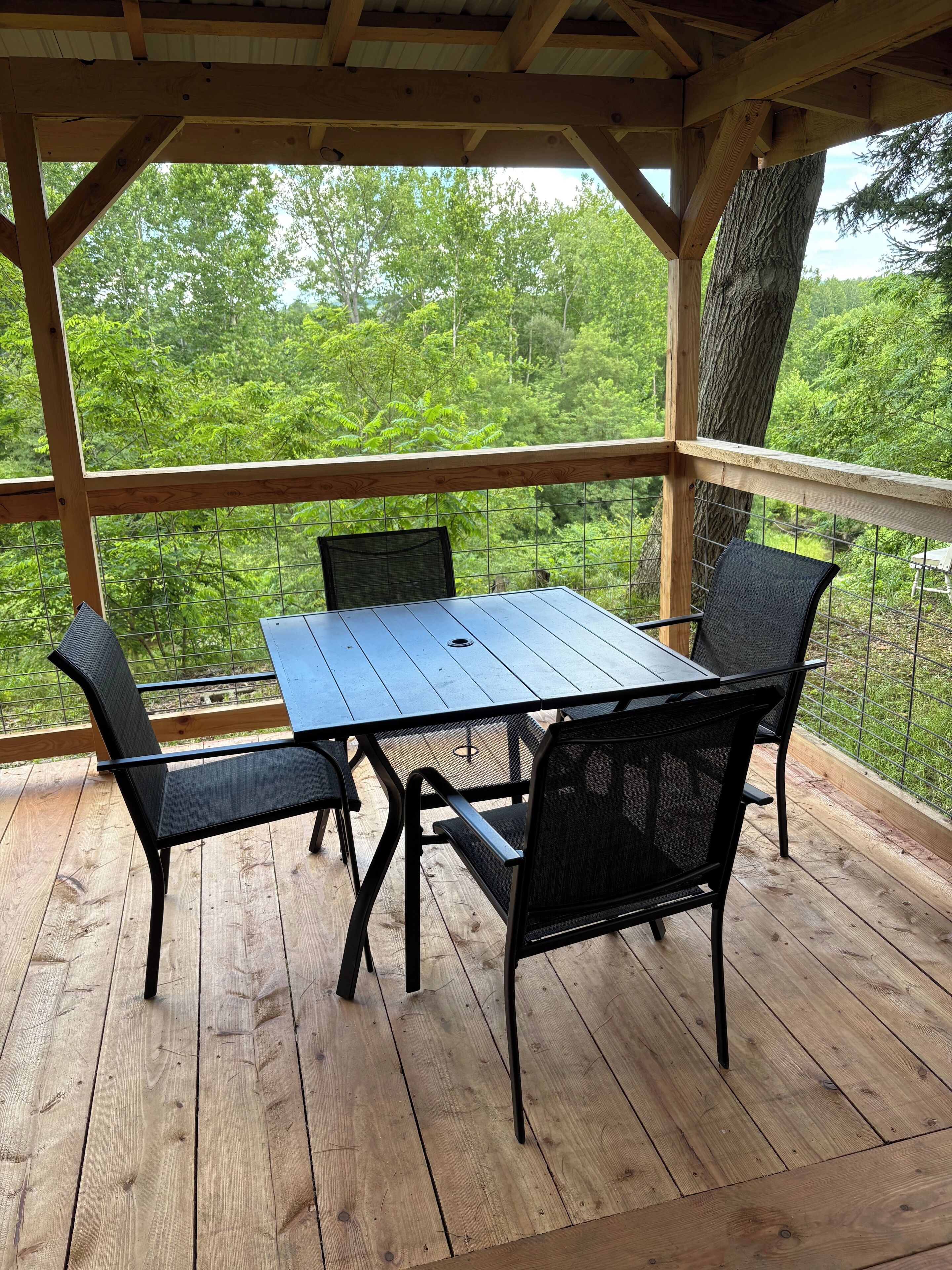A covered wooden deck with a table and chairs, overlooking a forested area.