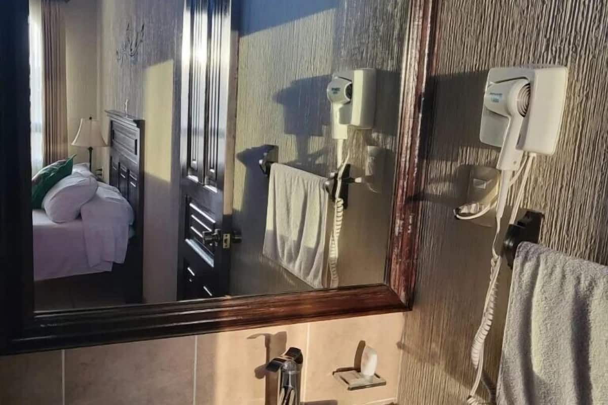 Une salle de bain avec un grand miroir, un lavabo, un porte-serviettes et un distributeur de serviettes.