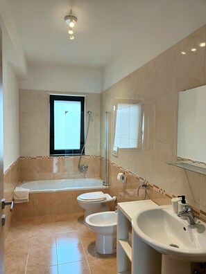 Regadera, secadora de cabello, bidet, toallas 