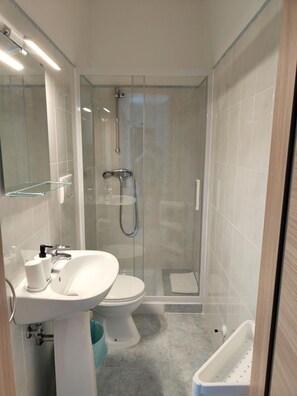 Douche, sèche-cheveux, bidet, serviettes fournies
