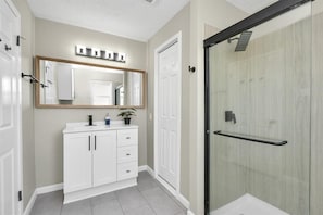 Hair dryer, towels, soap, shampoo