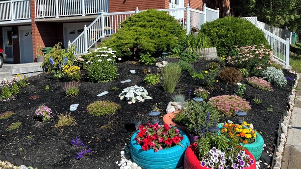A two-story building with a brick facade, a white balcony, and a well-maintained garden with flower beds and shrubs. - Beautiful Fully Furnished Two Bedrooms - Basement Apartment (Toronto)