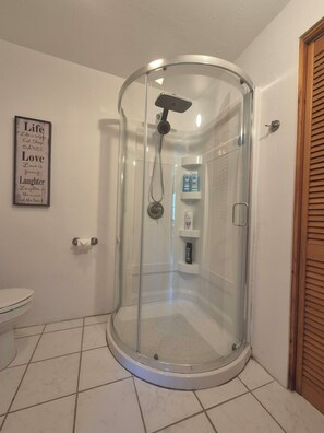 A glass-enclosed shower with a handheld showerhead, a toilet, and a wall-mounted shelf with toiletries. - Tranquil, Roomy Getaway - Close to City of Hamilton (Pembroke)