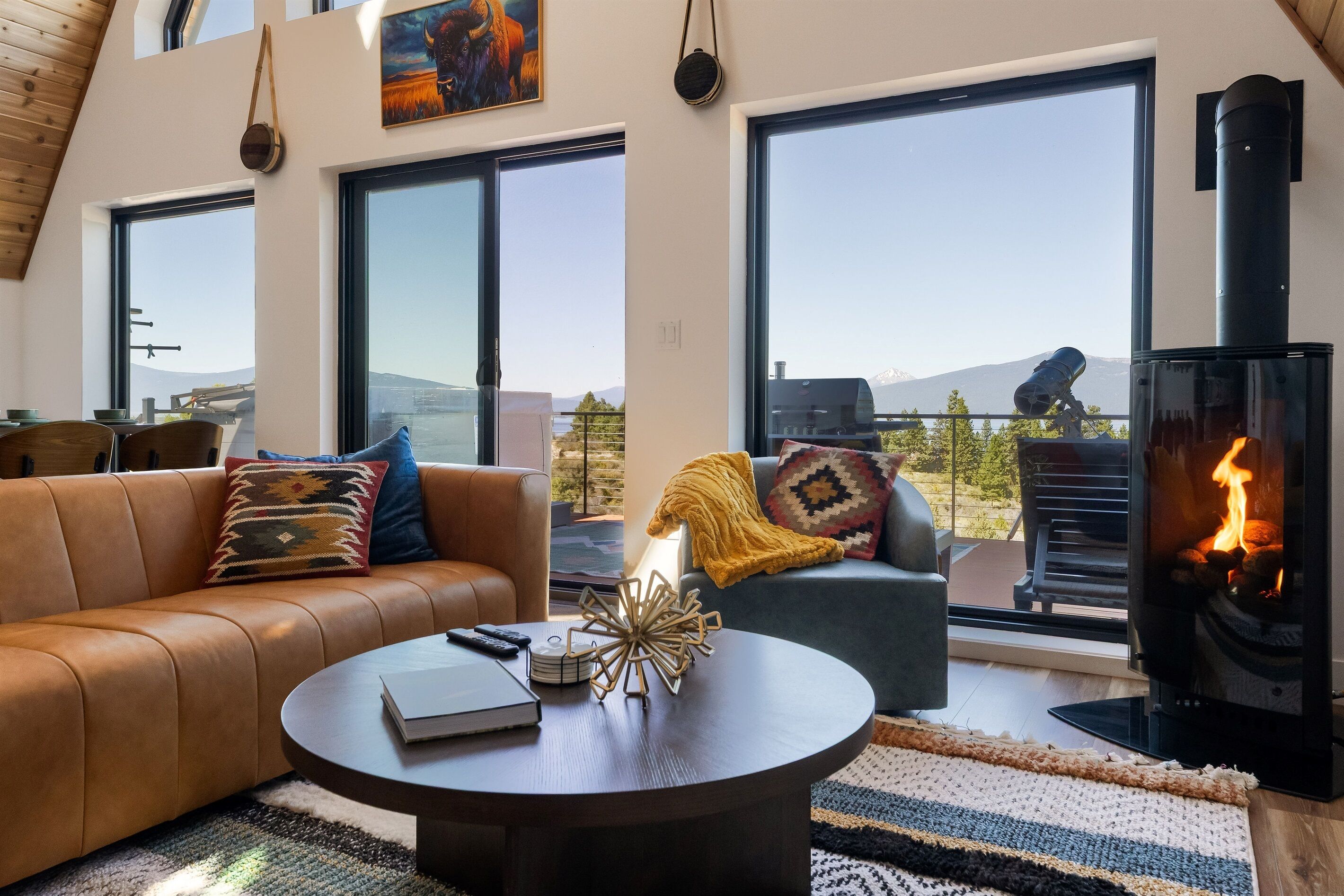 Smart TV, fireplace, table football, books