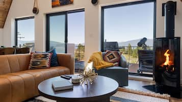 Smart TV, fireplace, table football, books