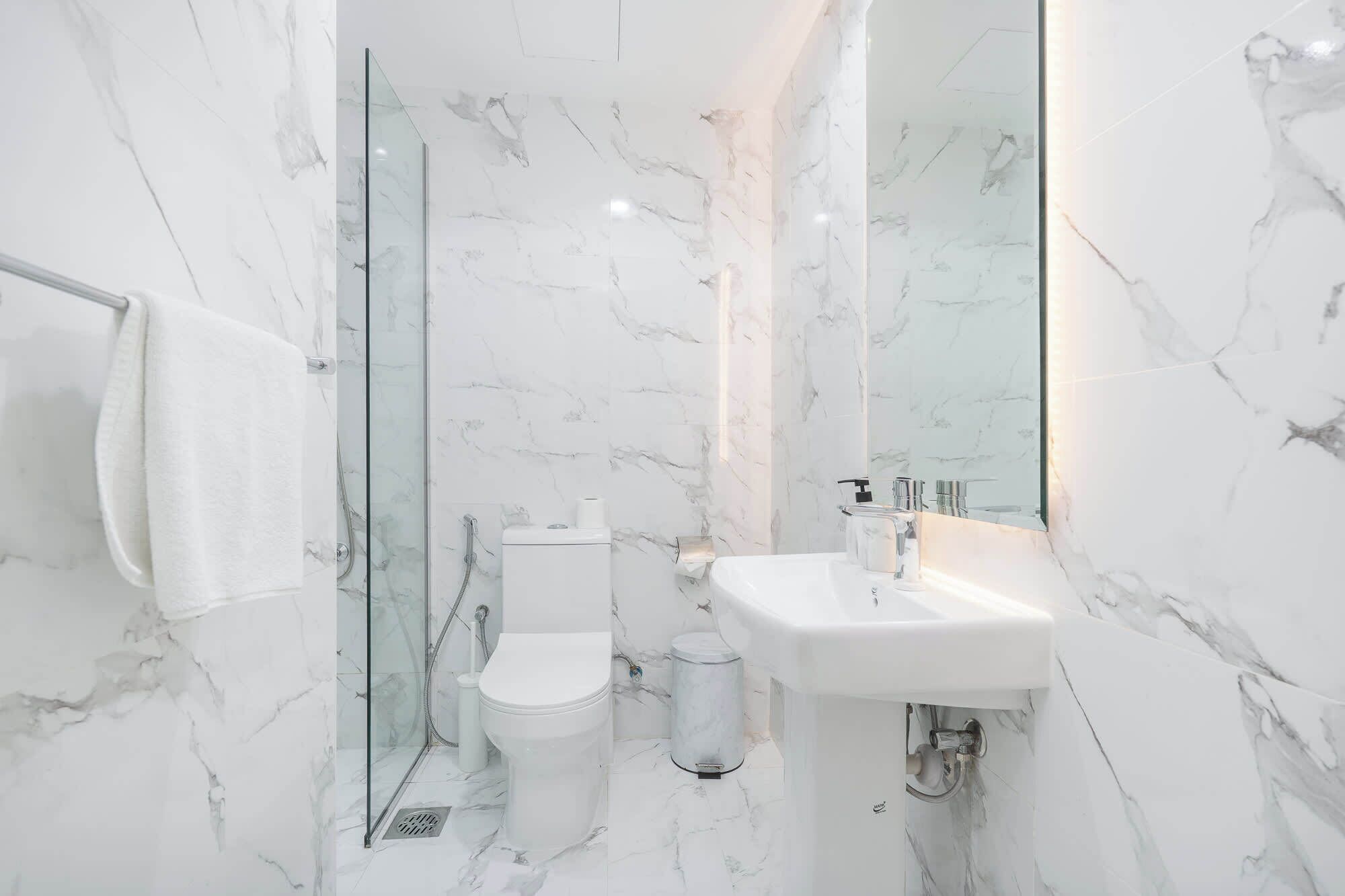 A modern bathroom with a glass shower enclosure, a toilet, and a sink with a mirror.