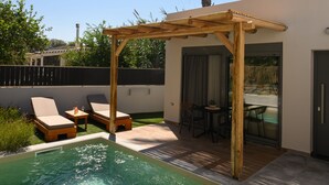 Una piscina con una pérgola de madera, sillas de descanso y una palmera.