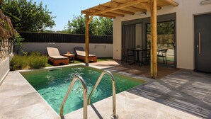 Una piscina con pérgola, sillones de descanso y zona de patio con mesa y sillas.