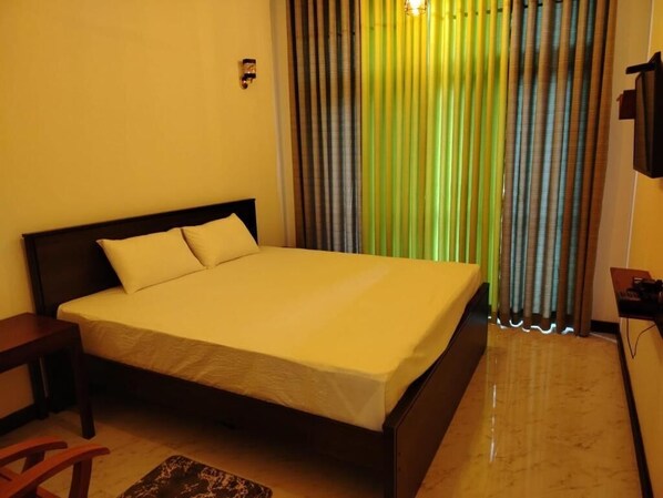 1 bedroom, desk, iron/ironing board, bed sheets