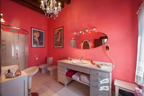 Hair dryer, towels, soap, toilet paper