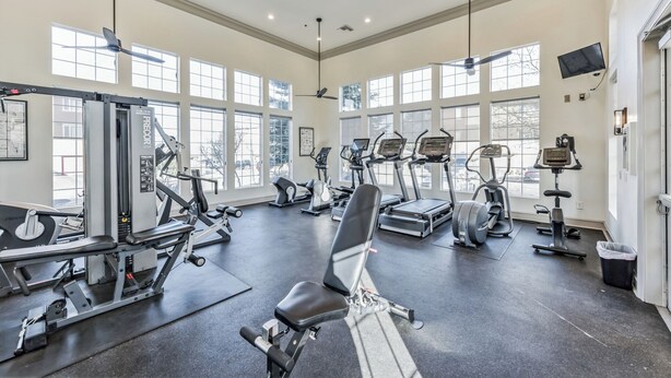 A spacious gym with various exercise equipment, large windows, and a ceiling fan. - Rocky Mountain Haven w/ king bed, pool & hot tub (Castle Rock)