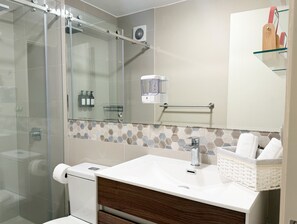 Hair dryer, towels, soap, toilet paper