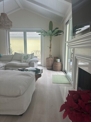 Televisie, een open haard, een computerscherm en een printer