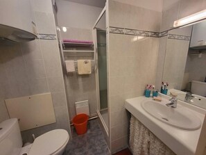 A bathroom with a toilet, sink, and shower. There are towels and toiletries visible.