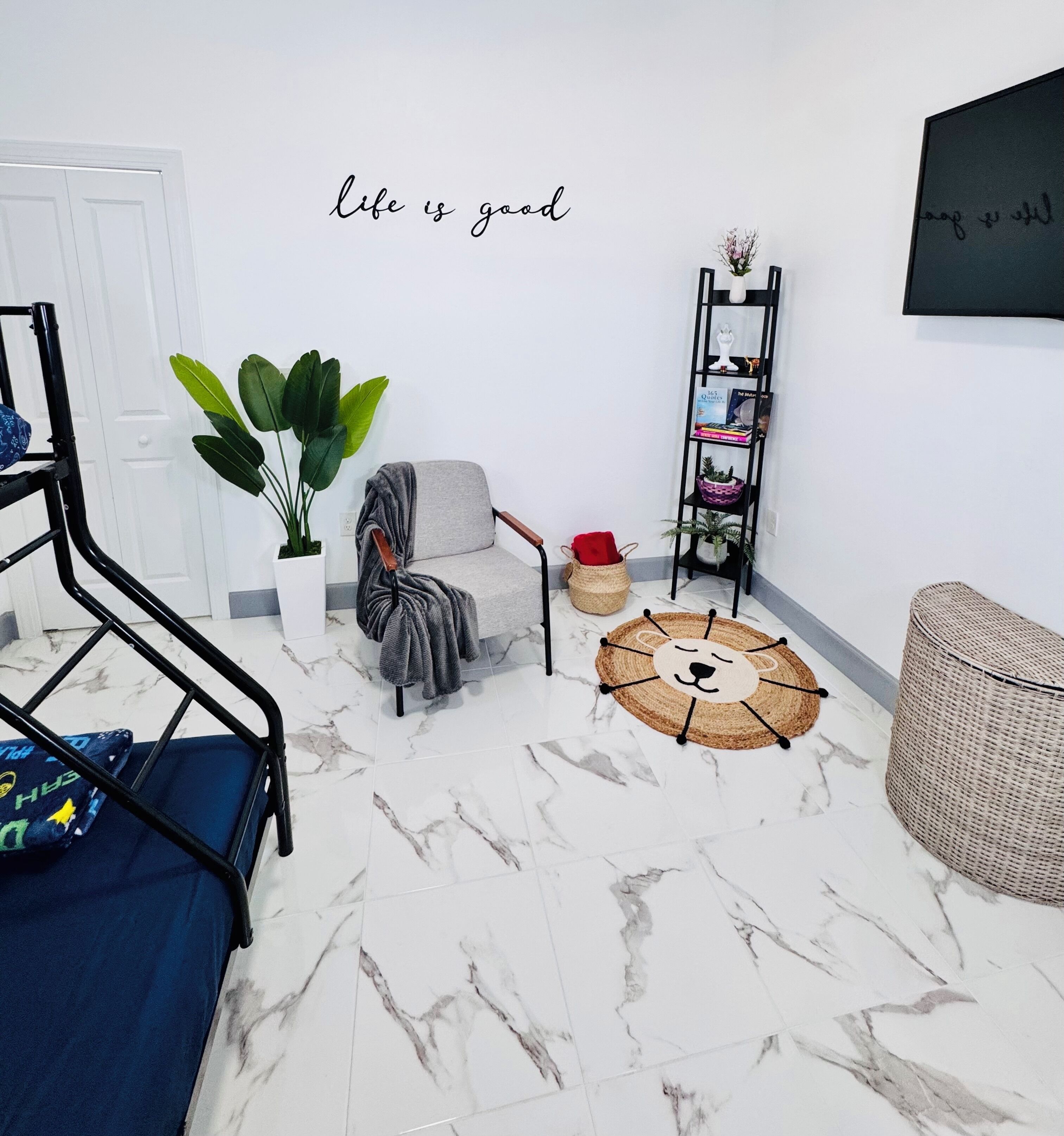 Una habitación con una cama individual, una silla, un tapete redondo, una estantería con libros y una planta en maceta.
