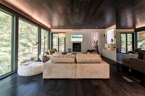 TV connectée, cheminée, livres, imprimantes