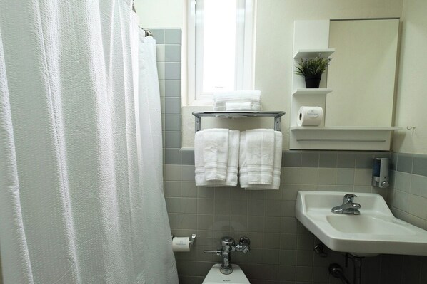 Un baño con cortina de ducha, lavamanos, espejo y toallero con toallas.