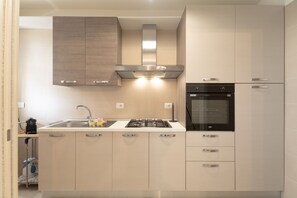 Una cocina moderna con estufa a gas, horno y lavavajillas integrado.