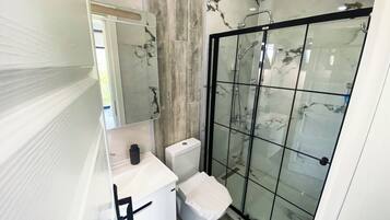 A modern bathroom with a glass-enclosed shower, a white toilet, and a vanity with a mirror.