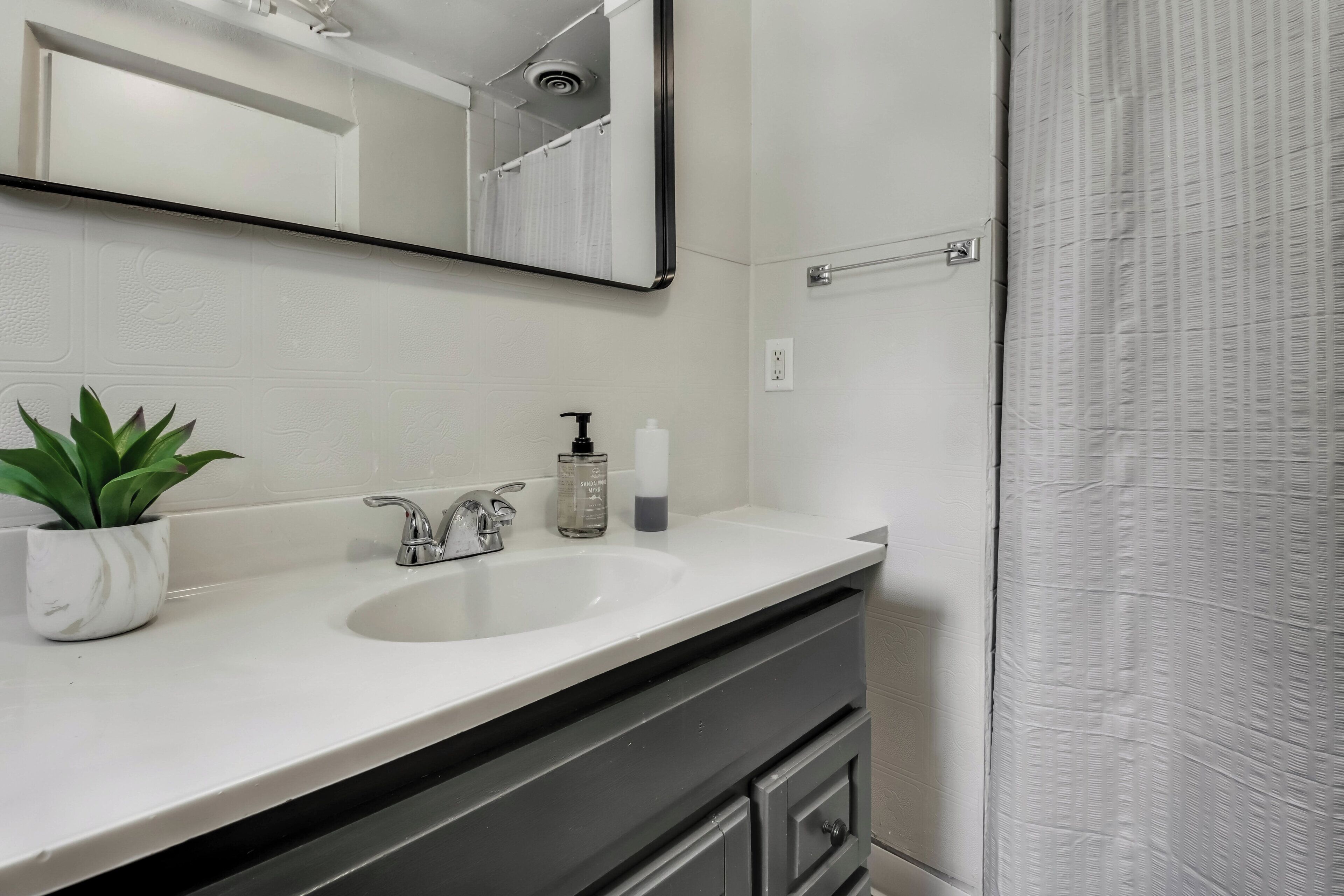 Une salle de bain avec un lavabo blanc, un miroir, une plante en pot et un rideau de douche.