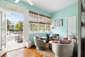 TV, fireplace, books, offices