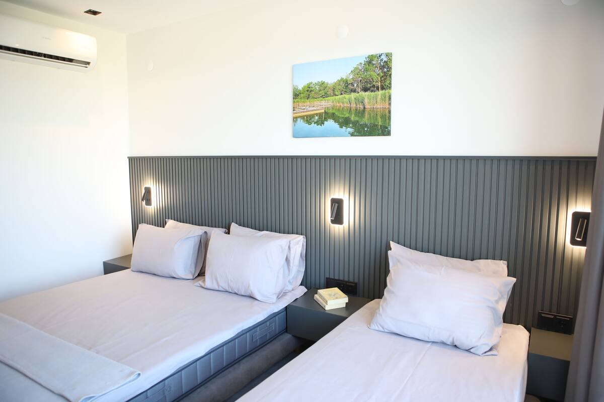 Habitación de hotel con dos camas, una mesita de noche, un aire acondicionado montado en la pared y un cuadro con un paisaje.