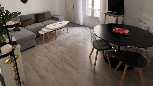 A modern living room with a grey sofa, a small white table, and a dining table with chairs. There is a TV on a stand and a window with curtains. - Cool 1-bedroom apartment in Paris Bercy (Paris)