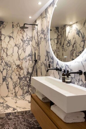 Shower, hair dryer, towels