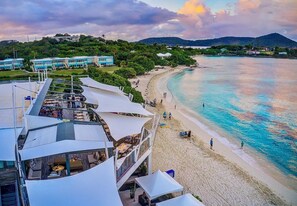 On the beach, sun loungers, beach towels