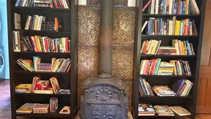 A room with two black bookshelves filled with books, a decorative central column, and a patterned wall. - New! A Waterfront Retreat on 14 Acres with 7 Bedrooms That Sleeps 13! (Stella)