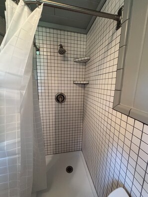 Regadera, toallas, jabón, papel de baño