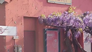 A red building with a sign reading 'AGAY' and a door. There is a security camera and a sign indicating 'Danger!' near the entrance.