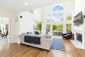 Smart TV, fireplace, video games, DVD player