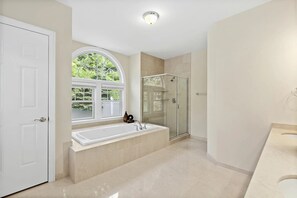 Shower, jetted tub, hair dryer, towels