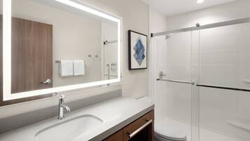 Hair dryer, towels, soap, shampoo