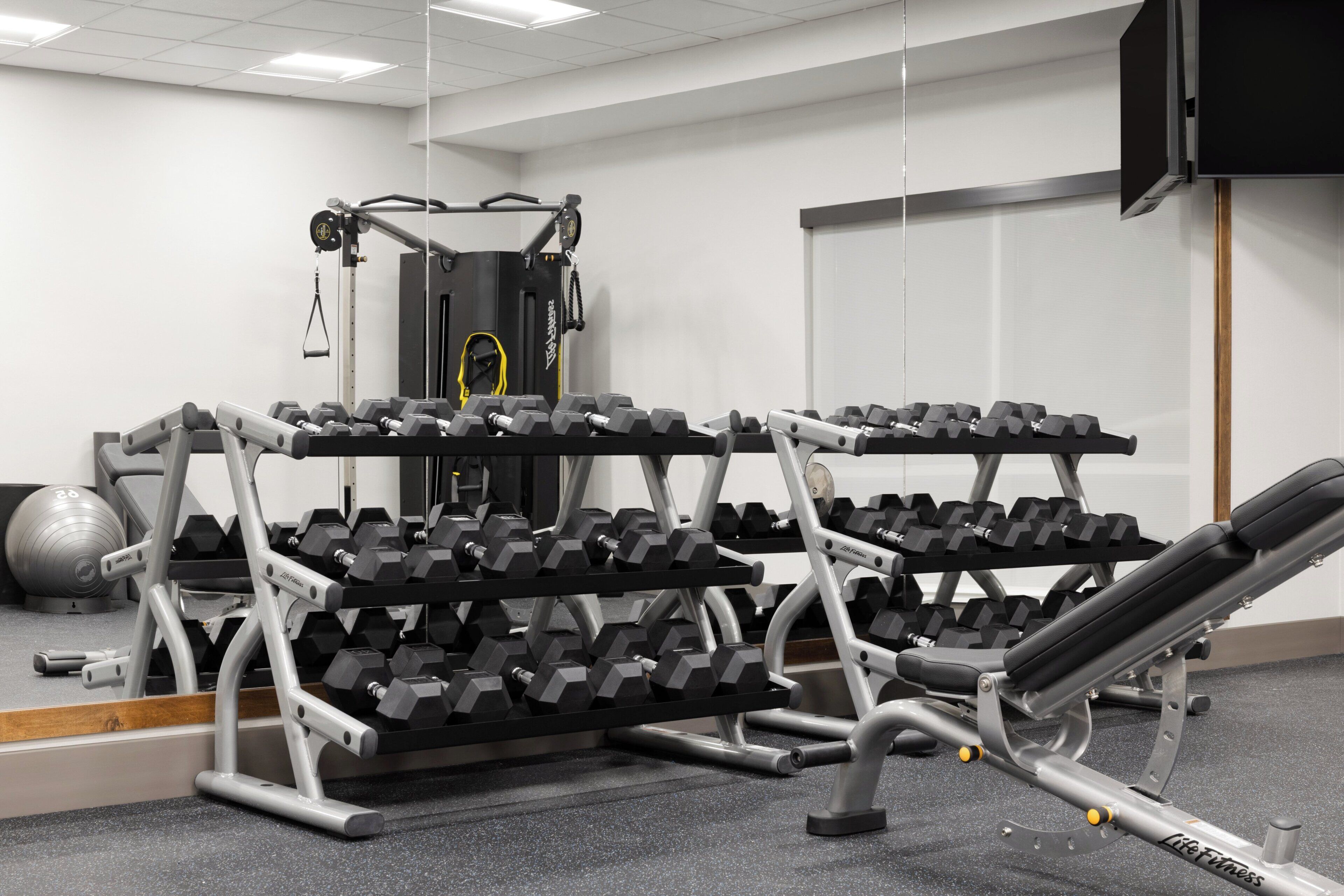 Un gimnasio con racks para pesas, mancuernas, una banca y equipo de ejercicio.