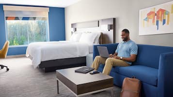 Premium bedding, pillowtop beds, desk, laptop workspace