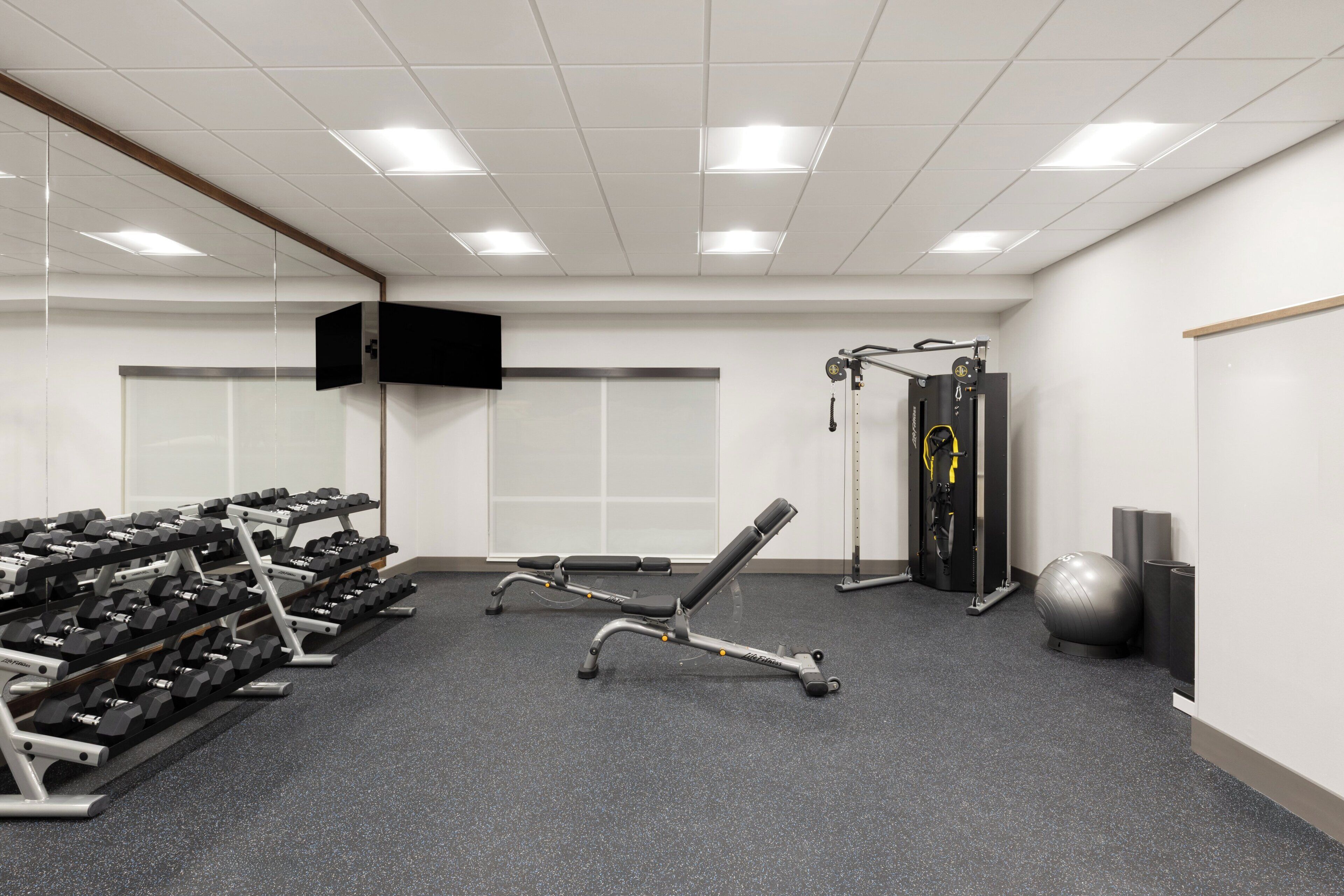 A gym with weight benches, dumbbells, a bench press, and a medicine ball.