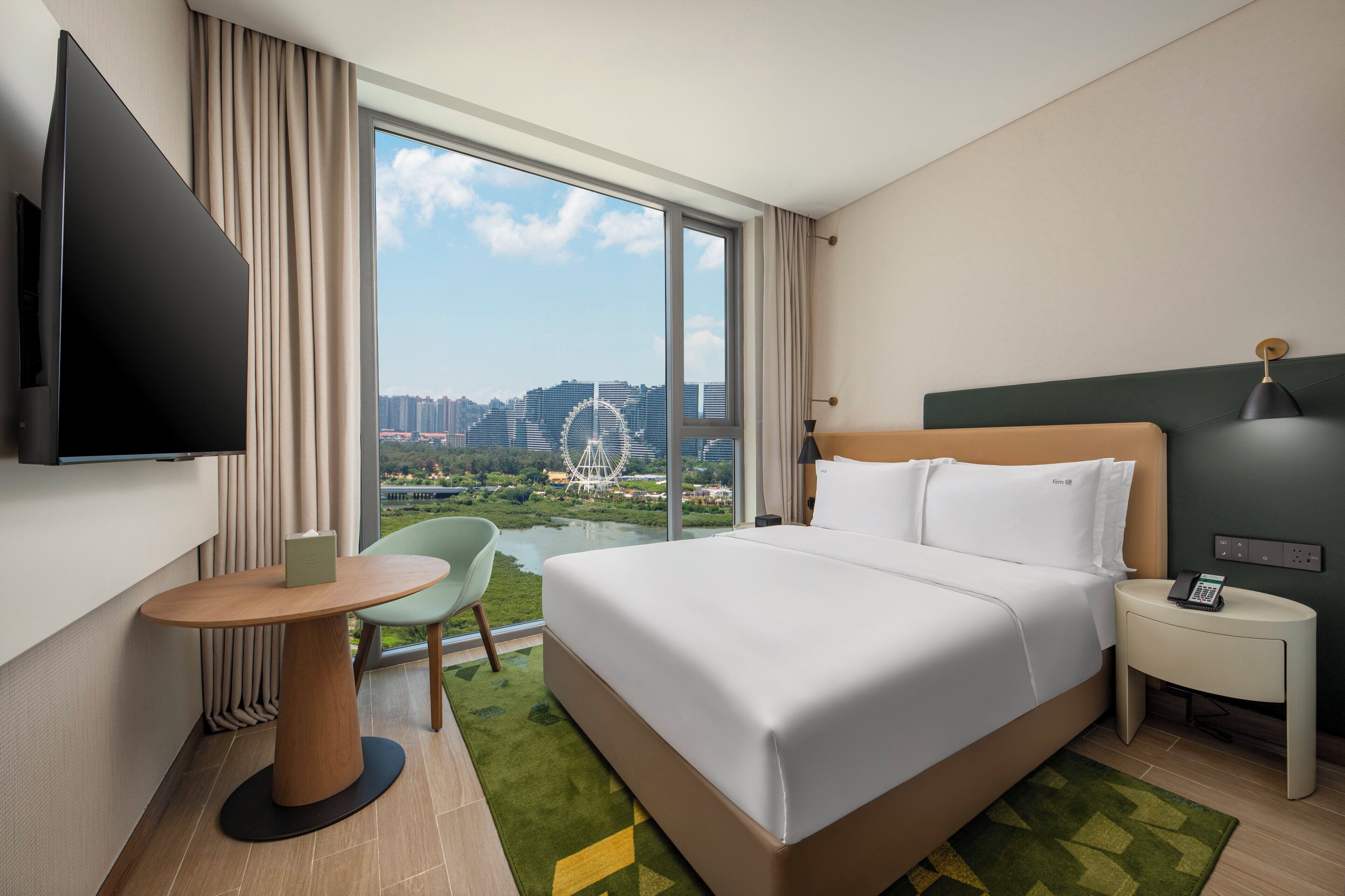 Premium bedding, desk, blackout curtains, soundproofing