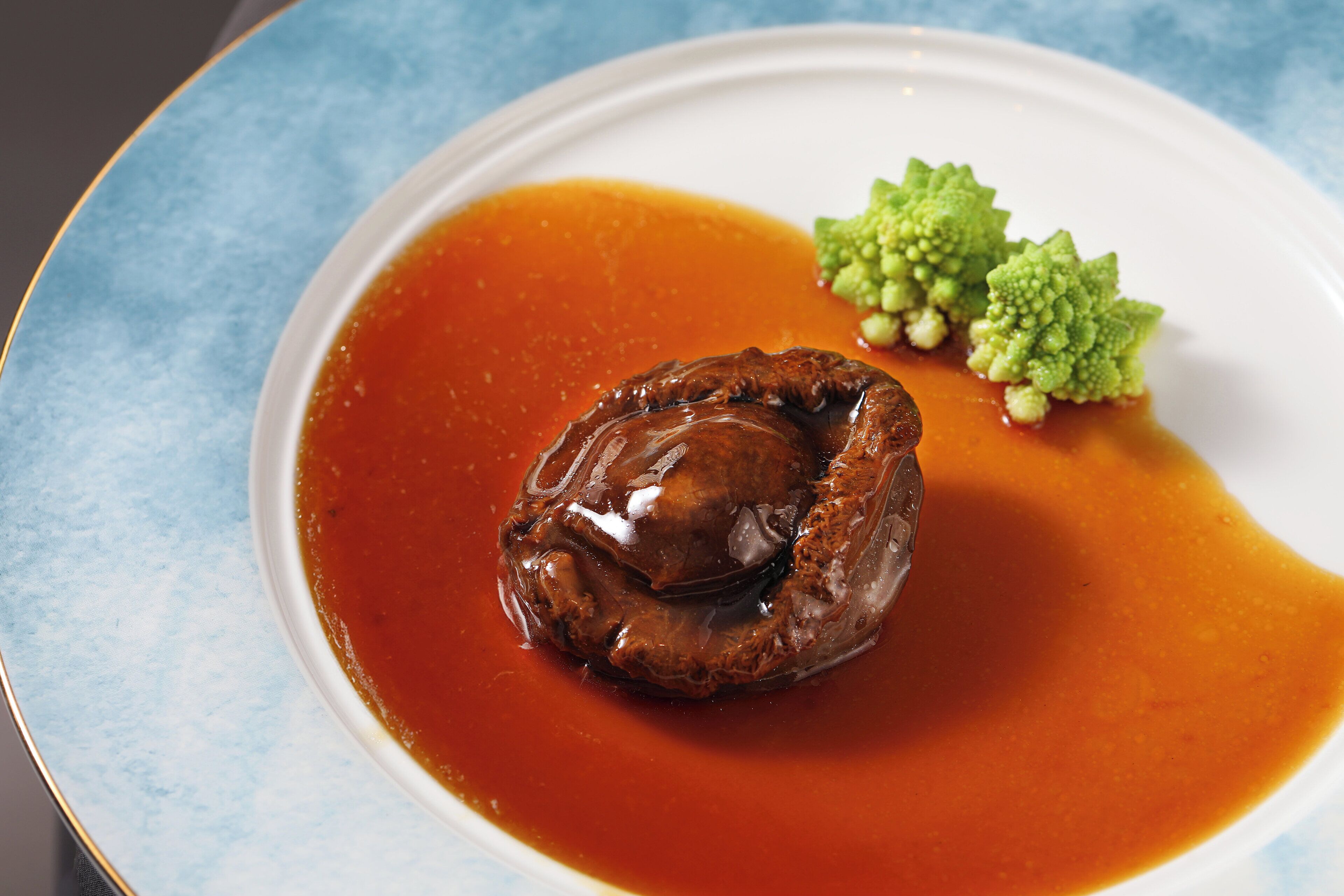 A plate with a brown sauce, a piece of meat, and green garnish.