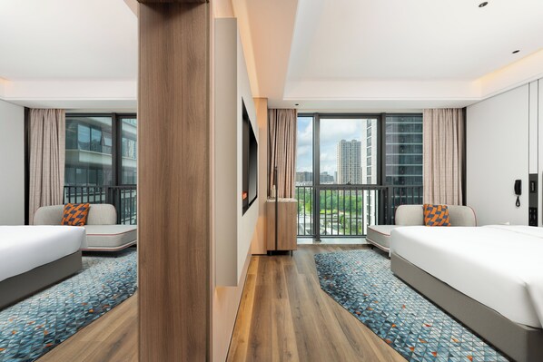 2 Queen Standard | Down comforters, desk, laptop workspace, blackout drapes