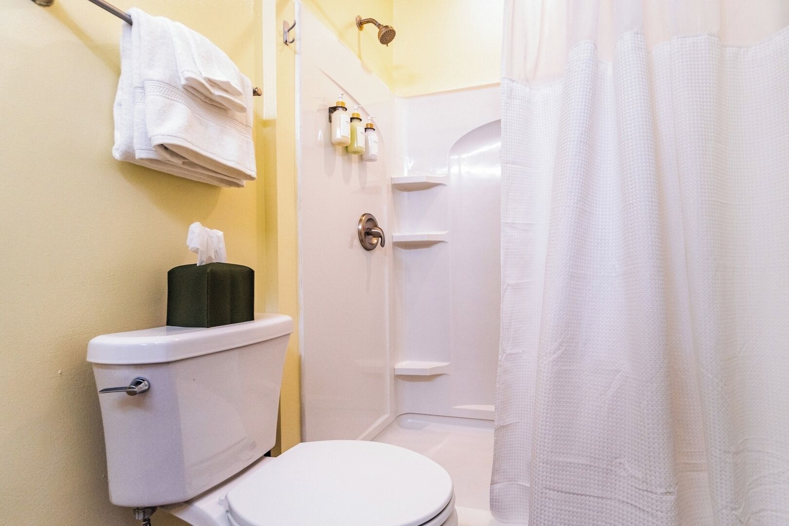 Une salle de bain comprenant des toilettes, un porte-serviettes et un espace douche.