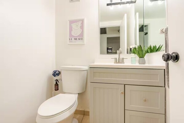 A bathroom with a toilet, a sink, a mirror, and a framed picture on the wall. - Miami Beach Oceanfront Balcony, Pool, Gym - Elevator to Beach (Miami Beach)