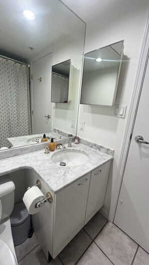 Hair dryer, towels, soap, toilet paper